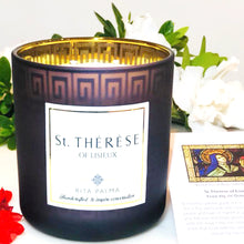 Load image into Gallery viewer, 2 wick candle gift teachers, soy wax, non-toxic scent, gold purple jar. St Therese prayer card.