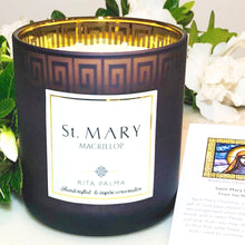 Load image into Gallery viewer, Popular faith candle gift, non-toxic, 2 wick, soy wax, gold purple jar. Saint Mary Mackillop prayer card.
