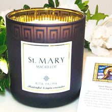 Load image into Gallery viewer, Popular faith candle gift, non-toxic, 2 wick, soy wax, gold purple jar. Saint Mary Mackillop prayer card.