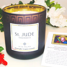Load image into Gallery viewer, Popular gift, faith candle, non-toxic scent, 2 wick, soy wax, gold purple jar. Modern Saint Jude prayer card.