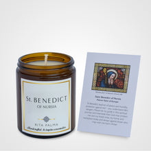Load image into Gallery viewer, St Benedict candle, soy wax, faith gift, RITA PALMA