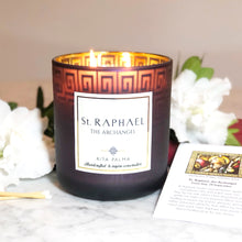 Load image into Gallery viewer, Holy confirmation candle, soy wax, non-toxic, grandparents gift, gold jar. St Raphael prayer card.