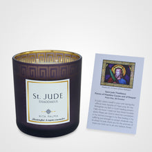 Load image into Gallery viewer, 2 wick Christian candle gift, soy wax, non-toxic scent, gold and purple jar. Hand made St Jude prayer card.