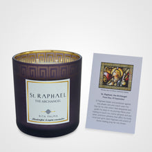 Load image into Gallery viewer, 2 wick candle gift teachers, soy wax, non-toxic scent, gold purple jar. St Raphael prayer card.