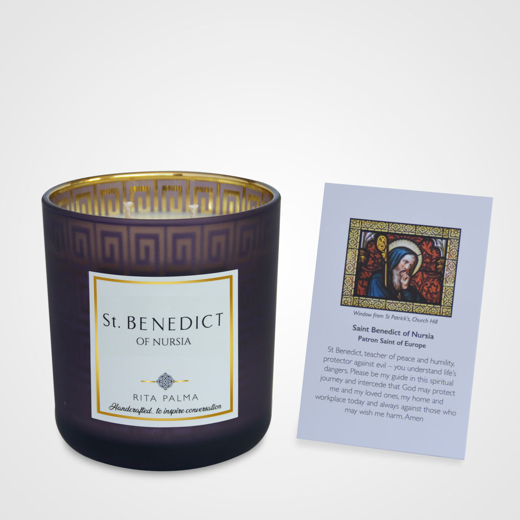 Elegant Christian candle, anniversary gift, soy wax, non-toxic, gold jar. Handmade St Benedict prayer card.
