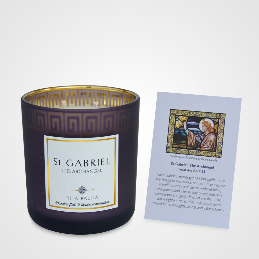 Religious candle, funeral memorial gifts, daily catholic prayer, gold jar. Angel Gabriel prayer card.