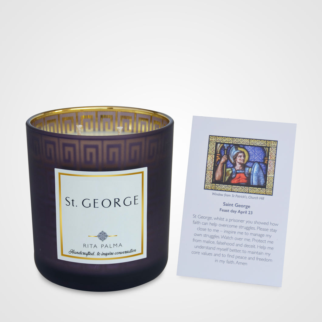 Orthodox luxury candle, soy wax, non toxic scent, men’s gift, gold jar.  Faith St George prayer card. 