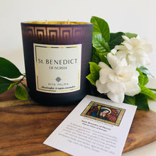 Load image into Gallery viewer, Prayer candle, memorial gift, get well soon gift, soy wax, glasshouse jar. St Benedict prayer card.
