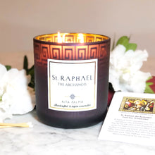 Load image into Gallery viewer, Holy confirmation candle, soy wax, non-toxic, grandparents gift, gold jar. St Raphael prayer card.
