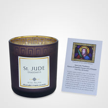 Load image into Gallery viewer, 2 wick Christian candle gift, soy wax, non-toxic scent, gold and purple jar. Hand made St Jude prayer card.

