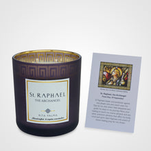 Load image into Gallery viewer, 2 wick candle gift teachers, soy wax, non-toxic scent, gold purple jar. St Raphael prayer card.

